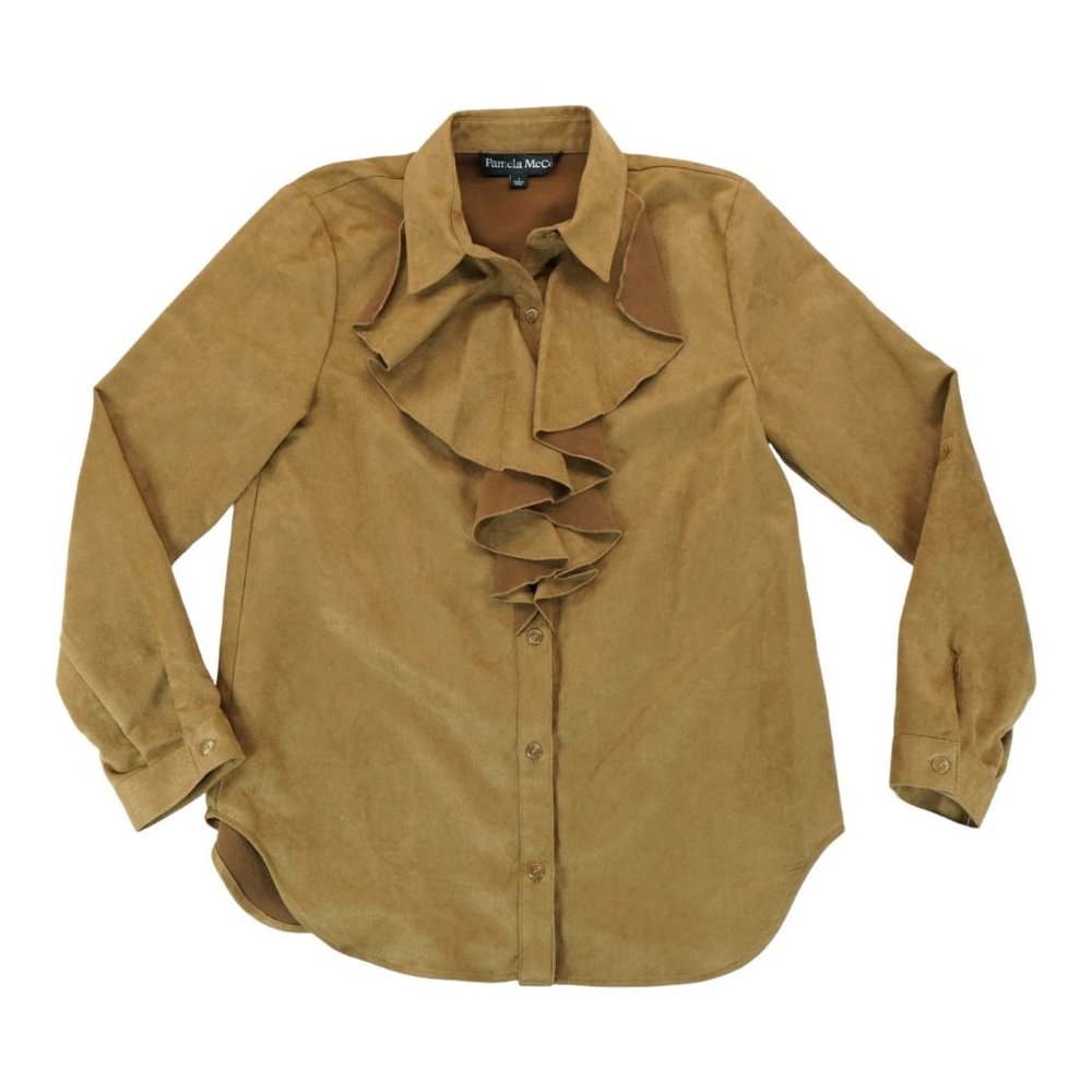Pamela Mccoy Womens Faux Suede Ruffle Button Up Brown Top Size S Casual Business